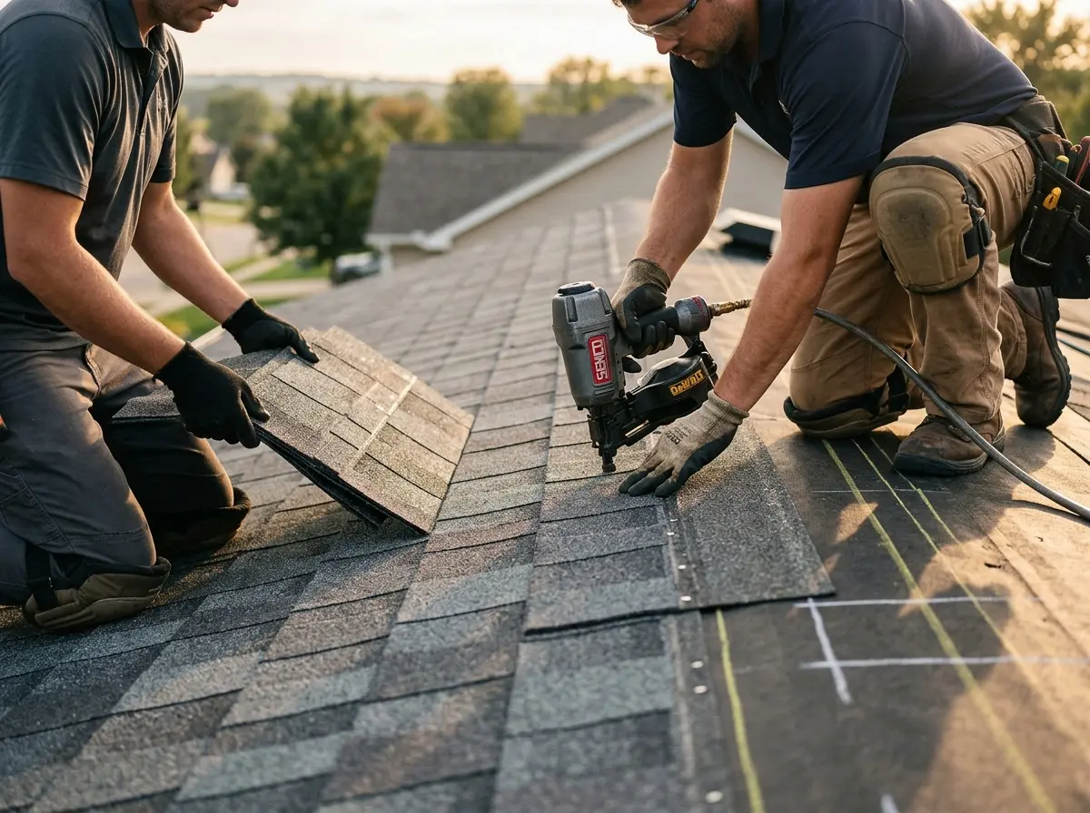 Professional roofer working on a residential roof in Evanston